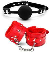 Red fluffy cuffs and silicone ball adjustable couples set